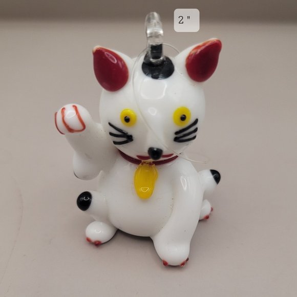 Other - 2" White Glass Lucky Cat Ornament Money Cat Christmas Holiday NEW YEARS